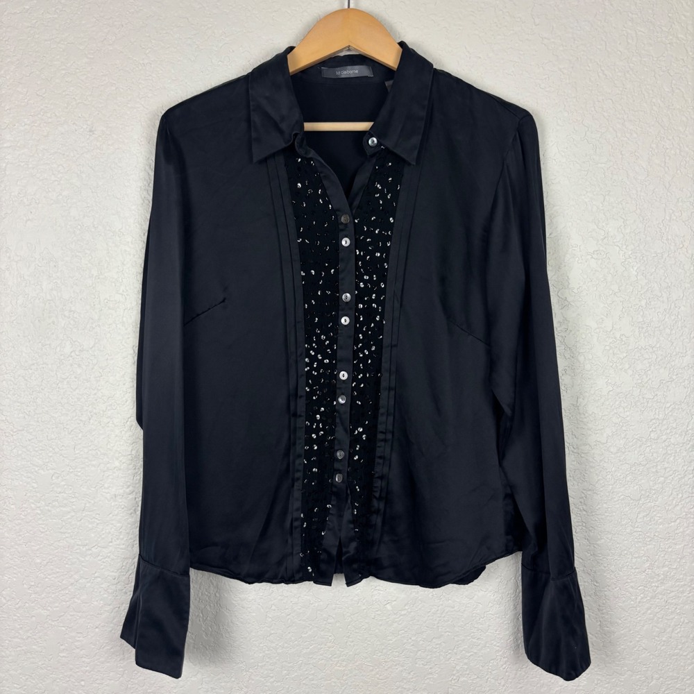 Liz Claiborne Black 100% Silk Sequin Pintuck Button Front Blouse Top Size 10